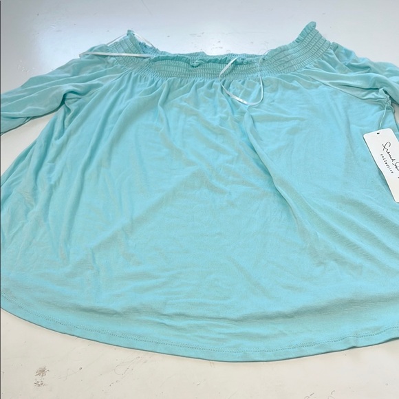 French Laundry Tops - French Laundry Collection Medium Blue Short Sleeve Off the Shoulder Blouse